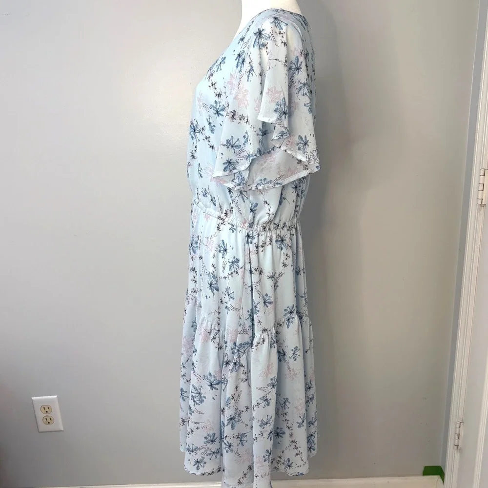 Nemidor Light Blue‎ Floral Chiffon Midi Dress Flutter Sleeve Cottagecore Sz 14